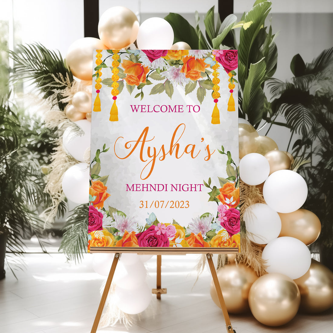Pink and orange Floral Mehndi Welcome Sign