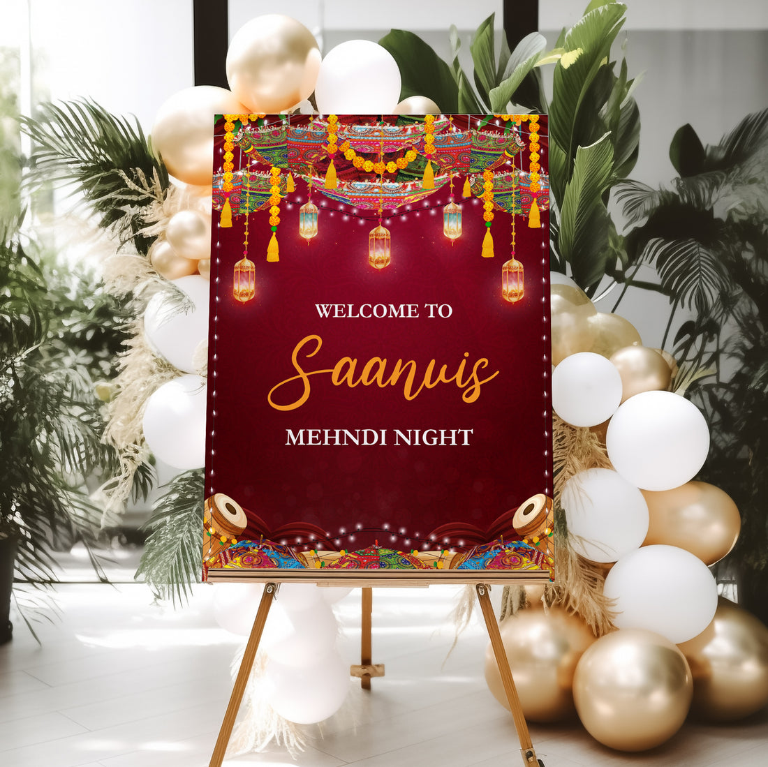 Vibrant Red Mehndi Welcome Sign