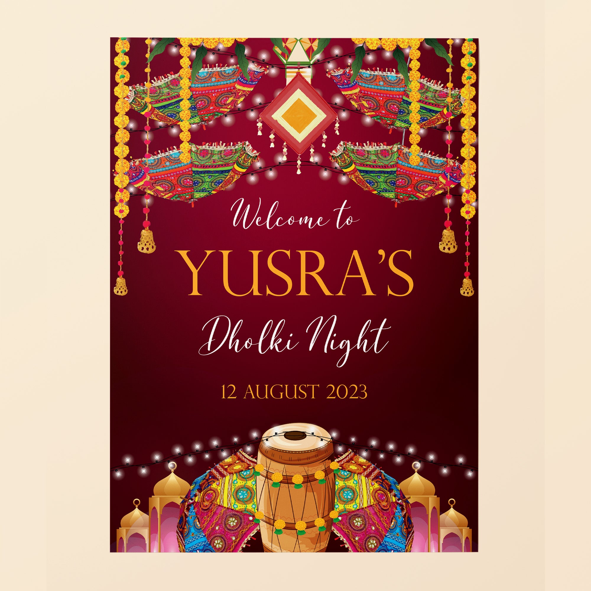 Red Dholki Night Welcome Sign
