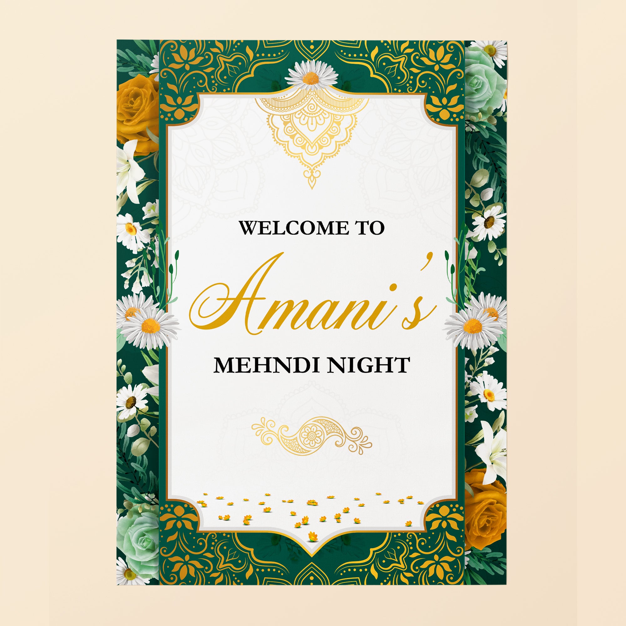 Floral Green Bordered Mehndi Welcome Sign
