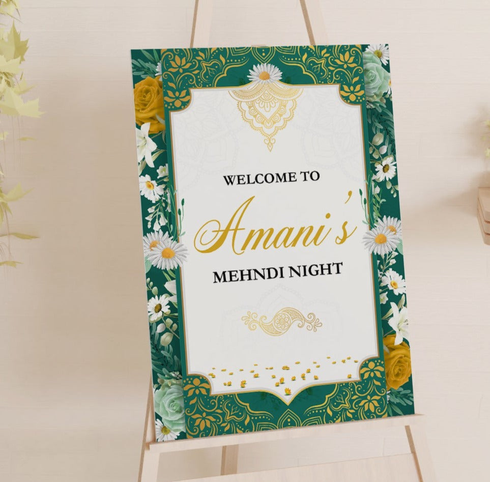 Floral Green Bordered Mehndi Welcome Sign