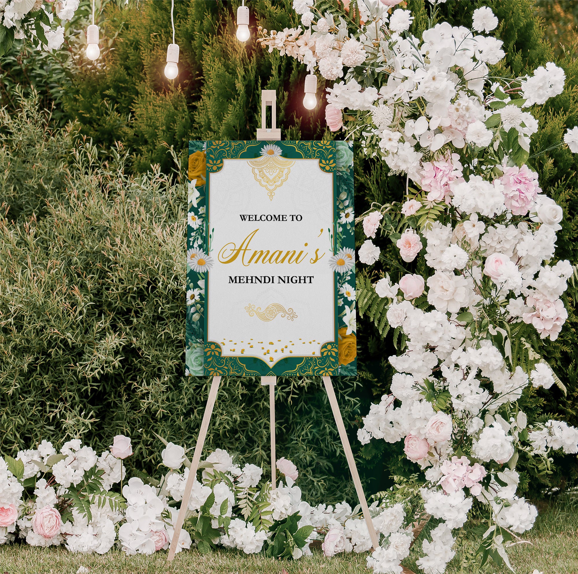 Floral Green Bordered Mehndi Welcome Sign