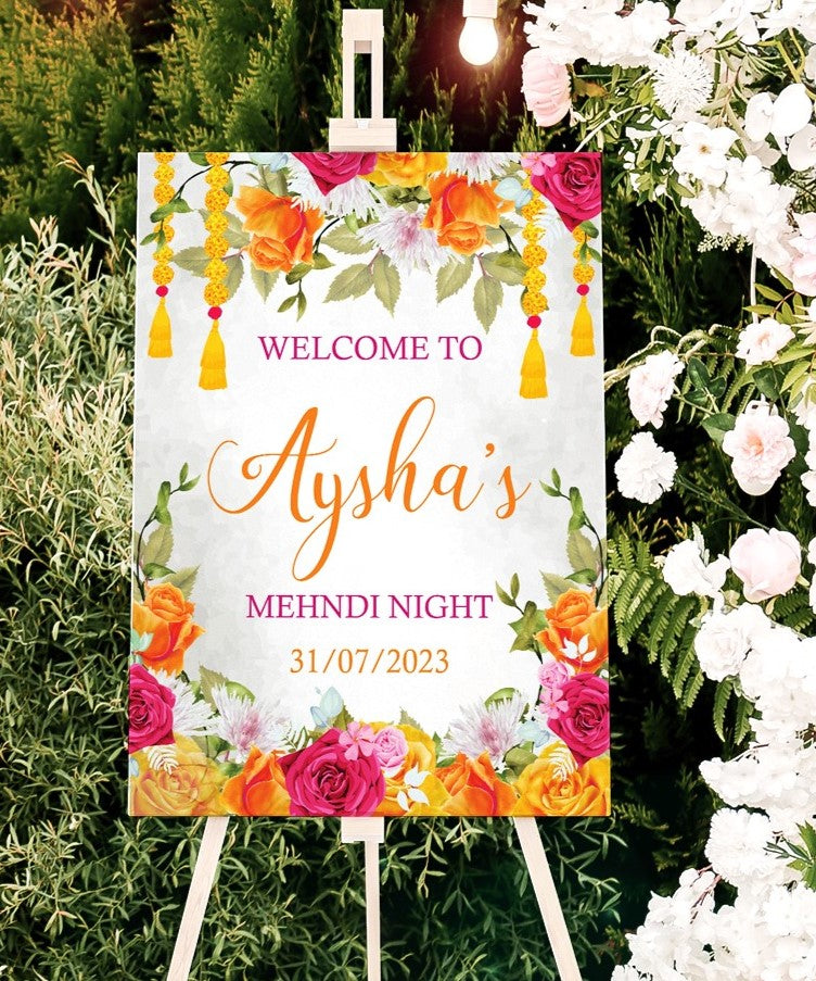 Pink and orange Floral Mehndi Welcome Sign
