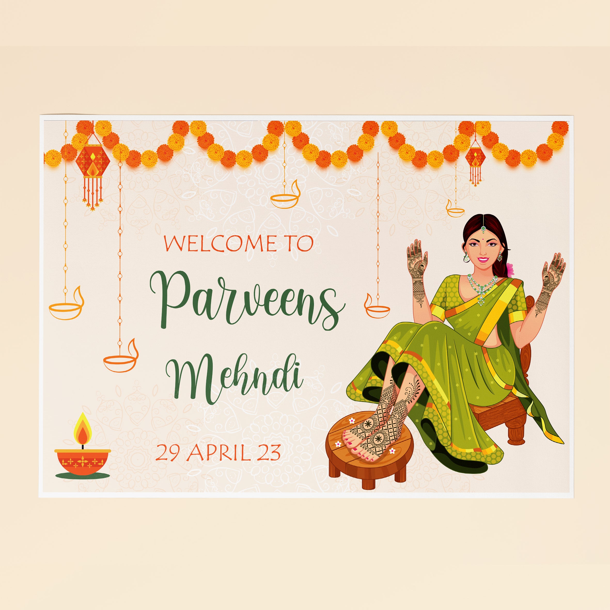 Beige Mehndi Illustration Welcome Sign