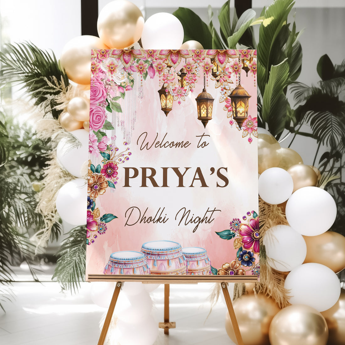 Floral Pink Mehndi Welcome Sign