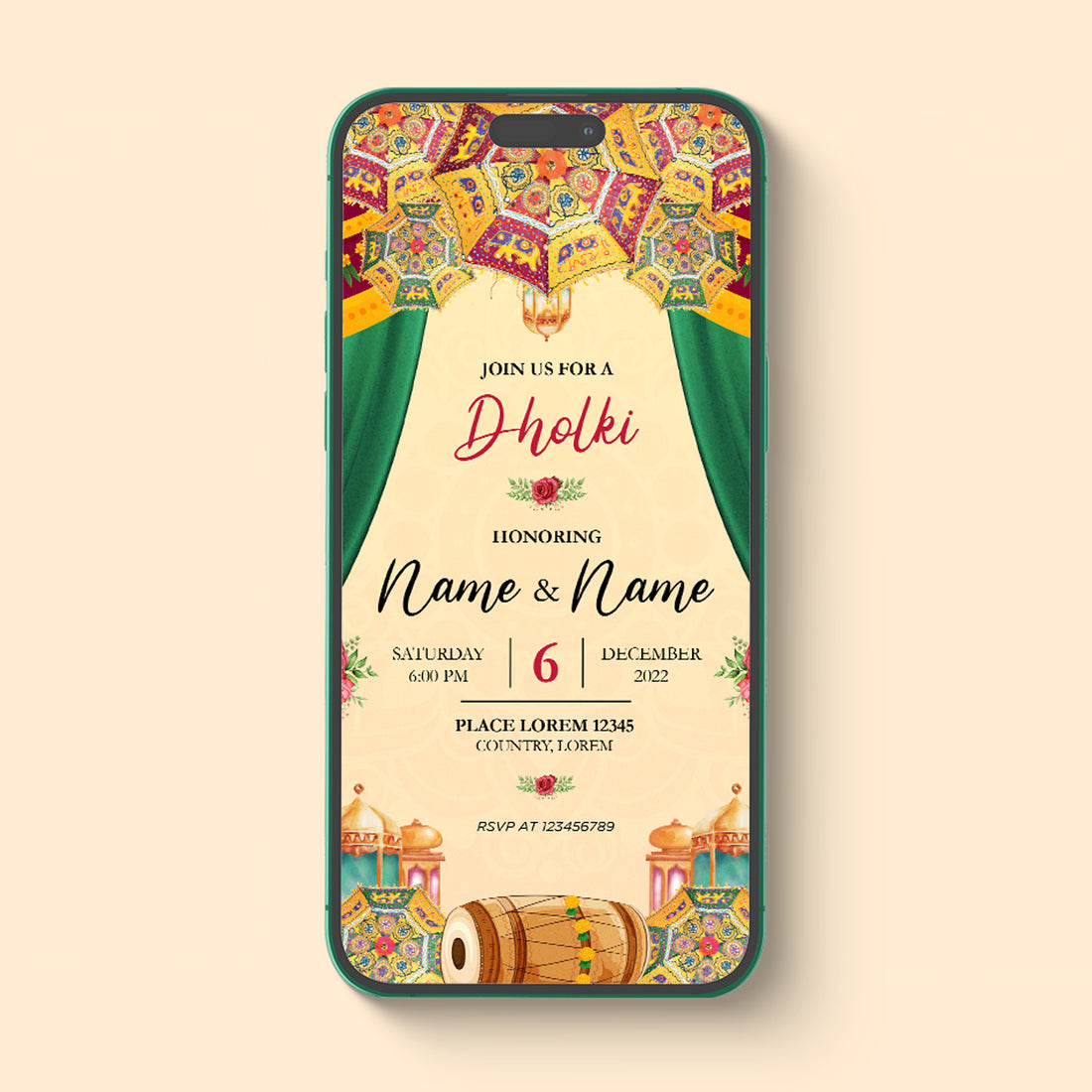 Beige and Green Mehndi | Dholki e-vite