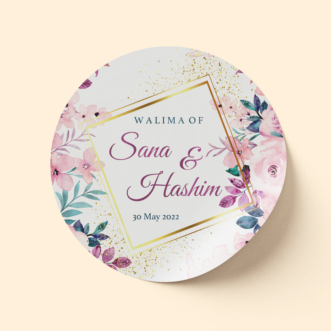 Floral Pink Gold Frame Wedding Sticker