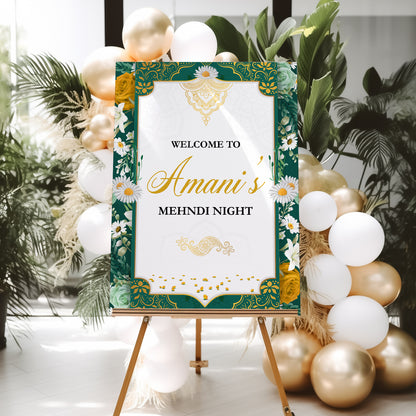 Floral Green Bordered Mehndi Welcome Sign