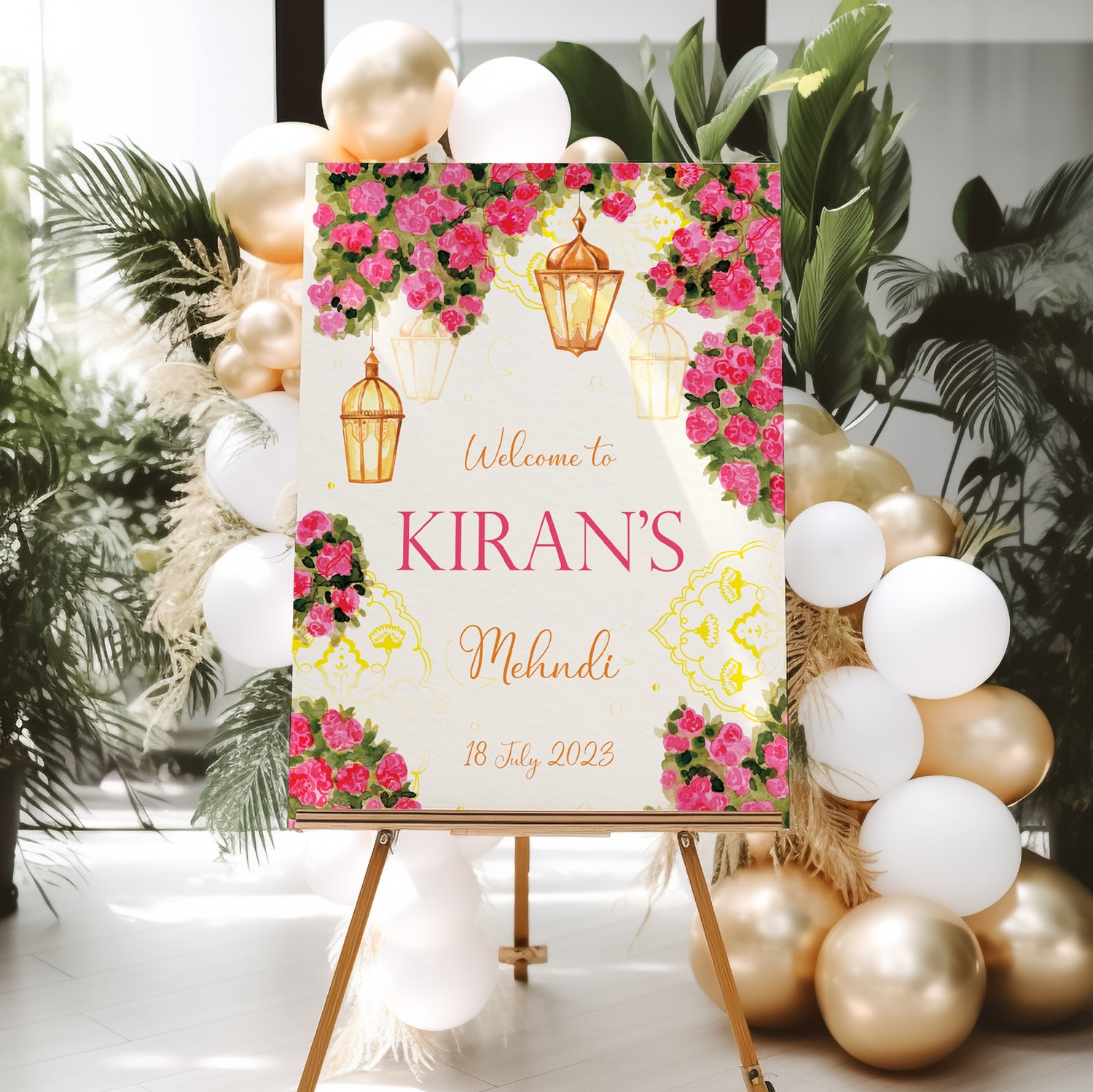 Floral Pink Mehndi Welcome Sign