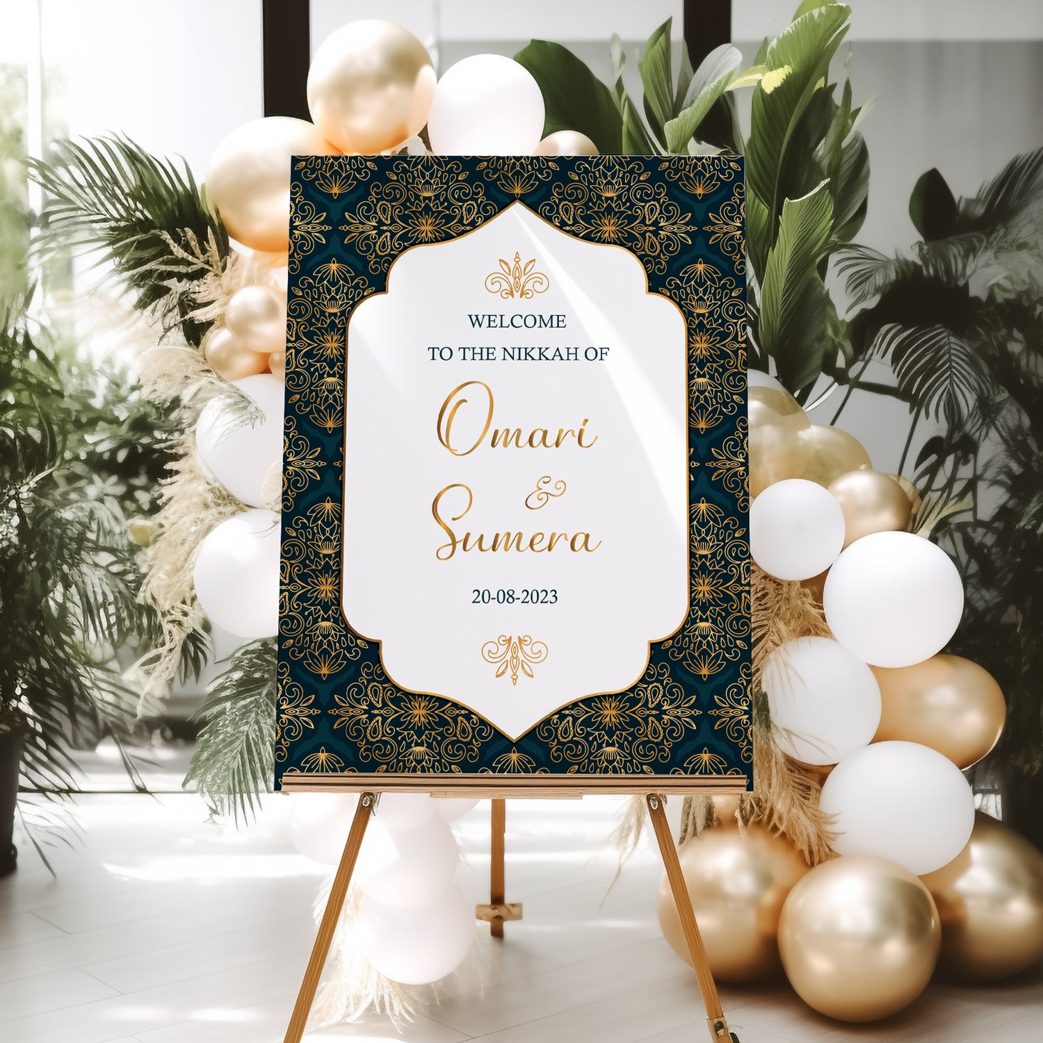 Simplest Navy and Gold Damask Nikkah Welcome Sign