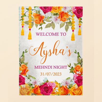 Pink and orange Floral Mehndi Welcome Sign