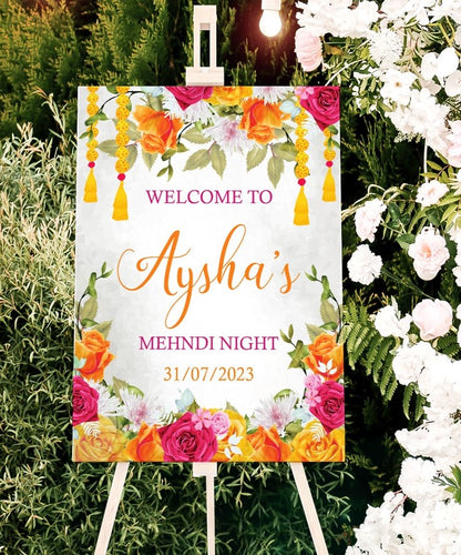 Pink and orange Floral Mehndi Welcome Sign
