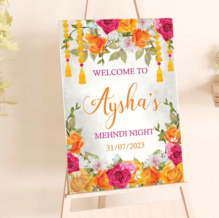 Pink and orange Floral Mehndi Welcome Sign