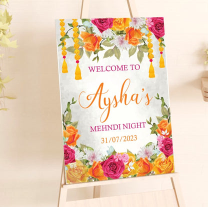 Pink and orange Floral Mehndi Welcome Sign