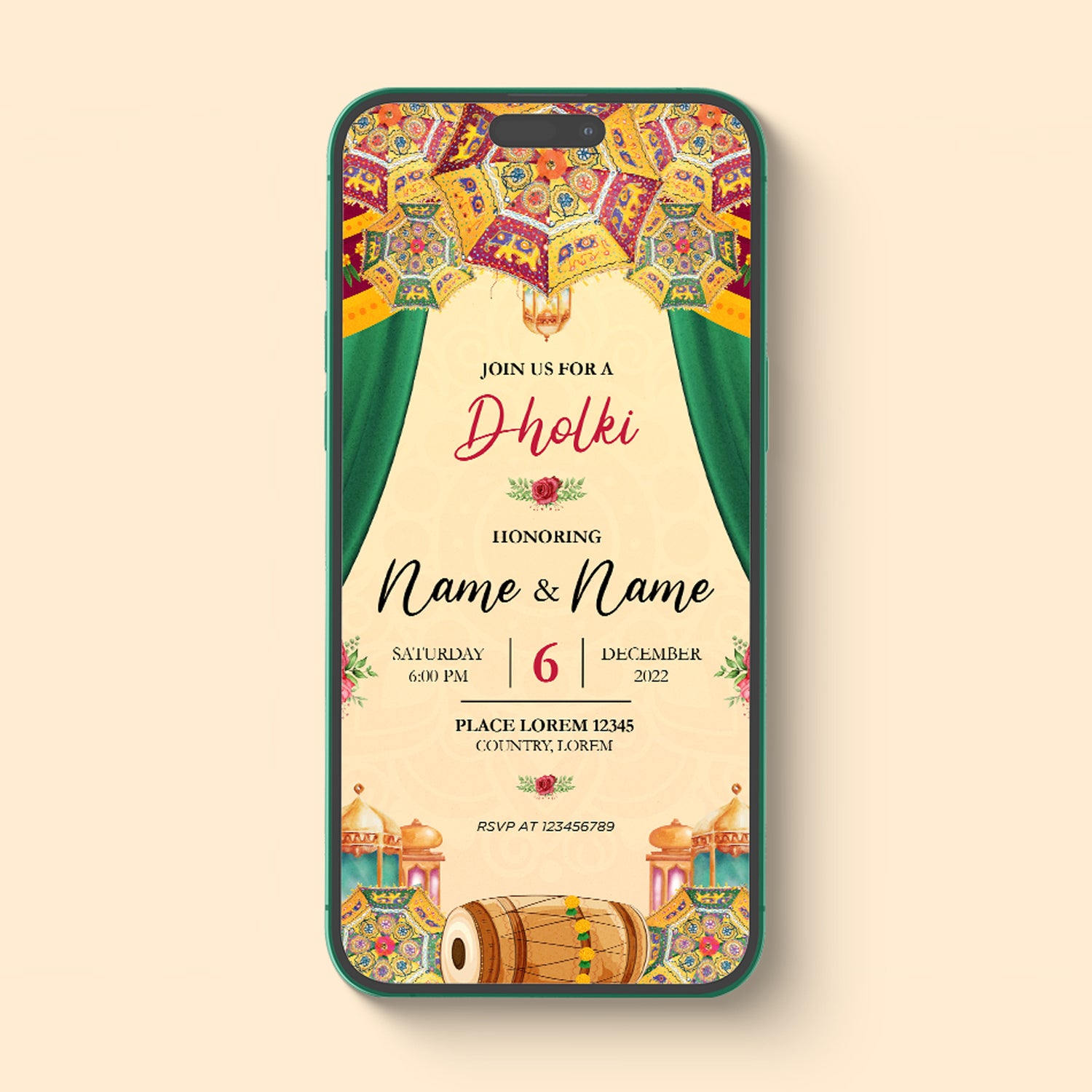 Beige and Green Mehndi | Dholki e-vite