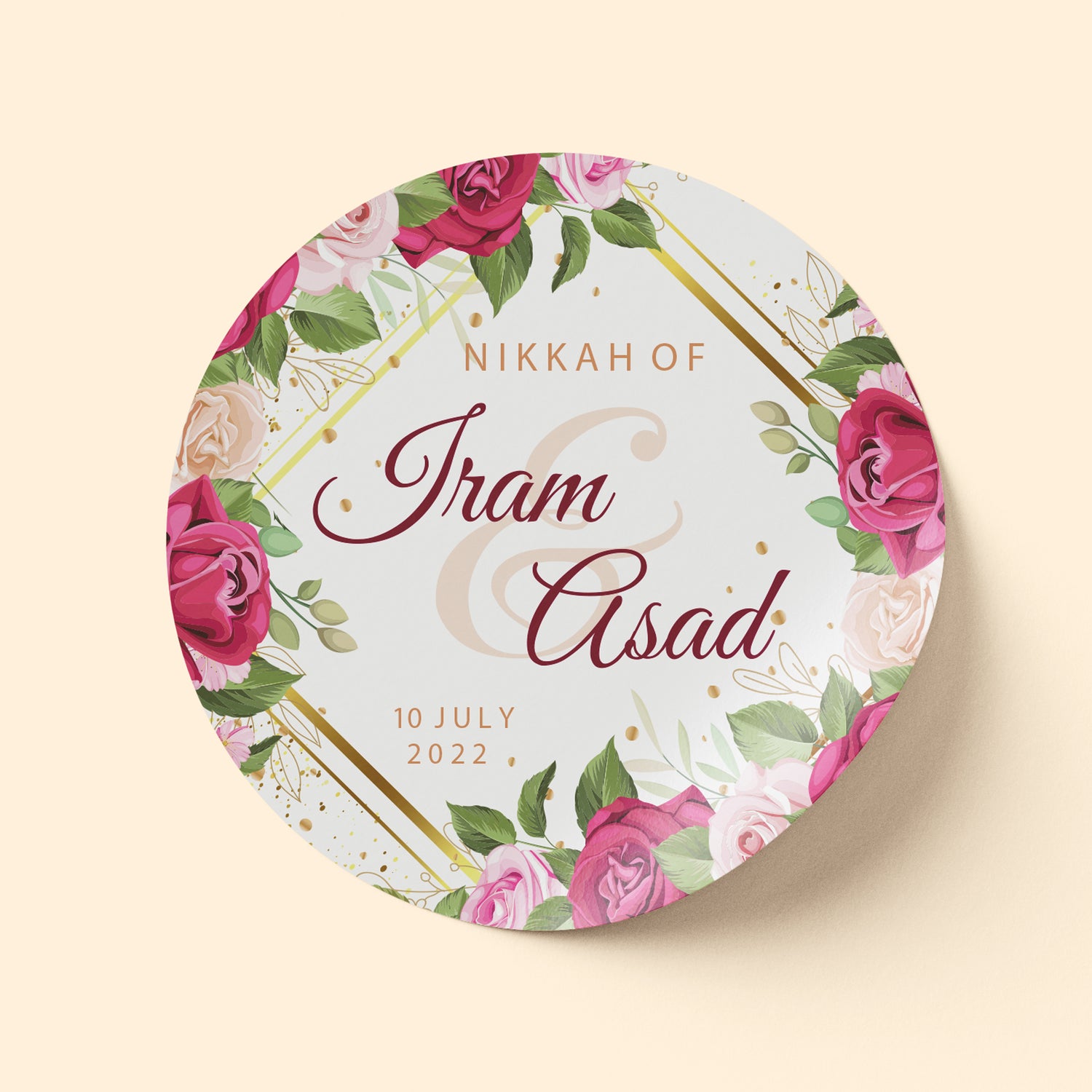 Deep Pink Gold Frame Wedding Sticker