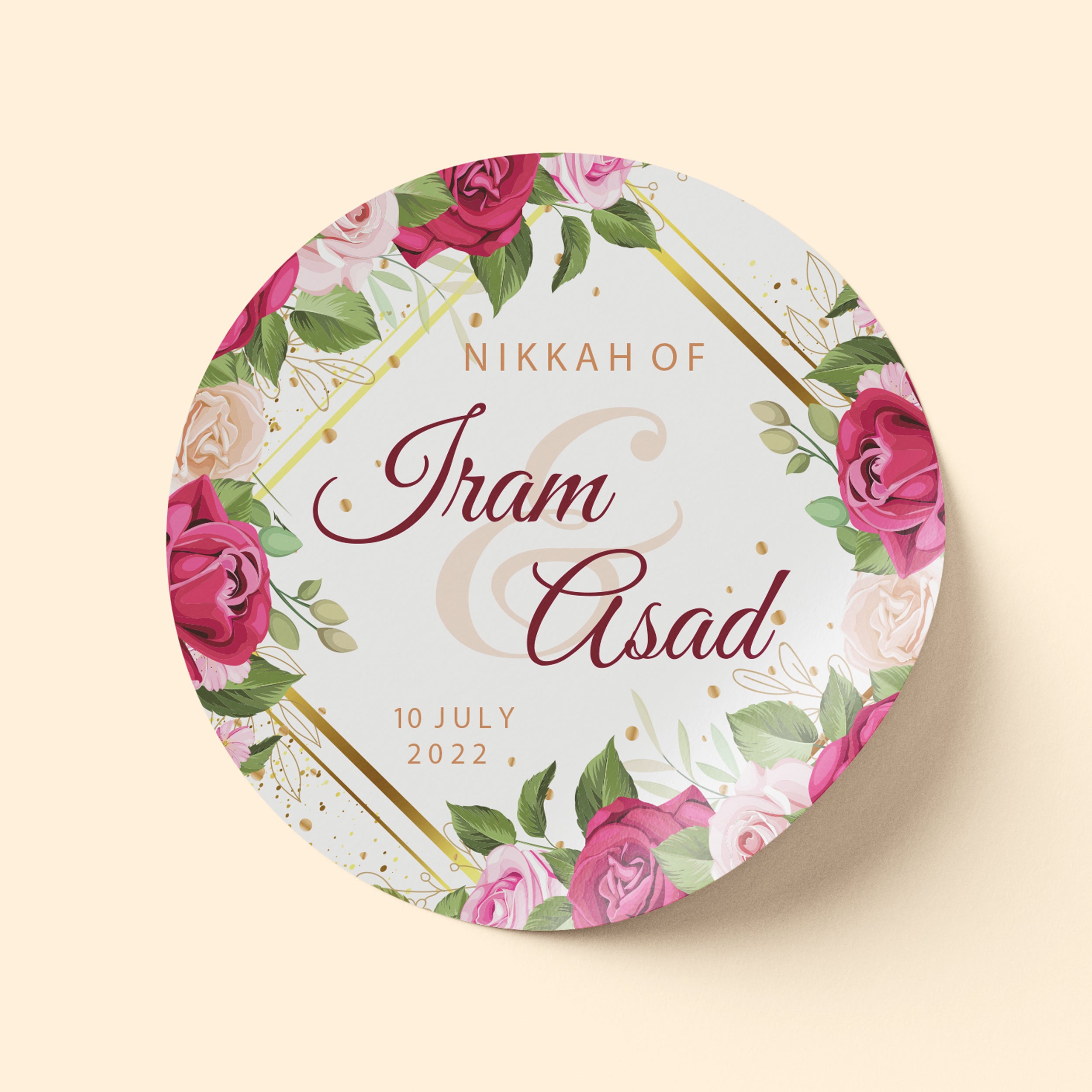 Deep Pink Gold Frame Wedding Sticker