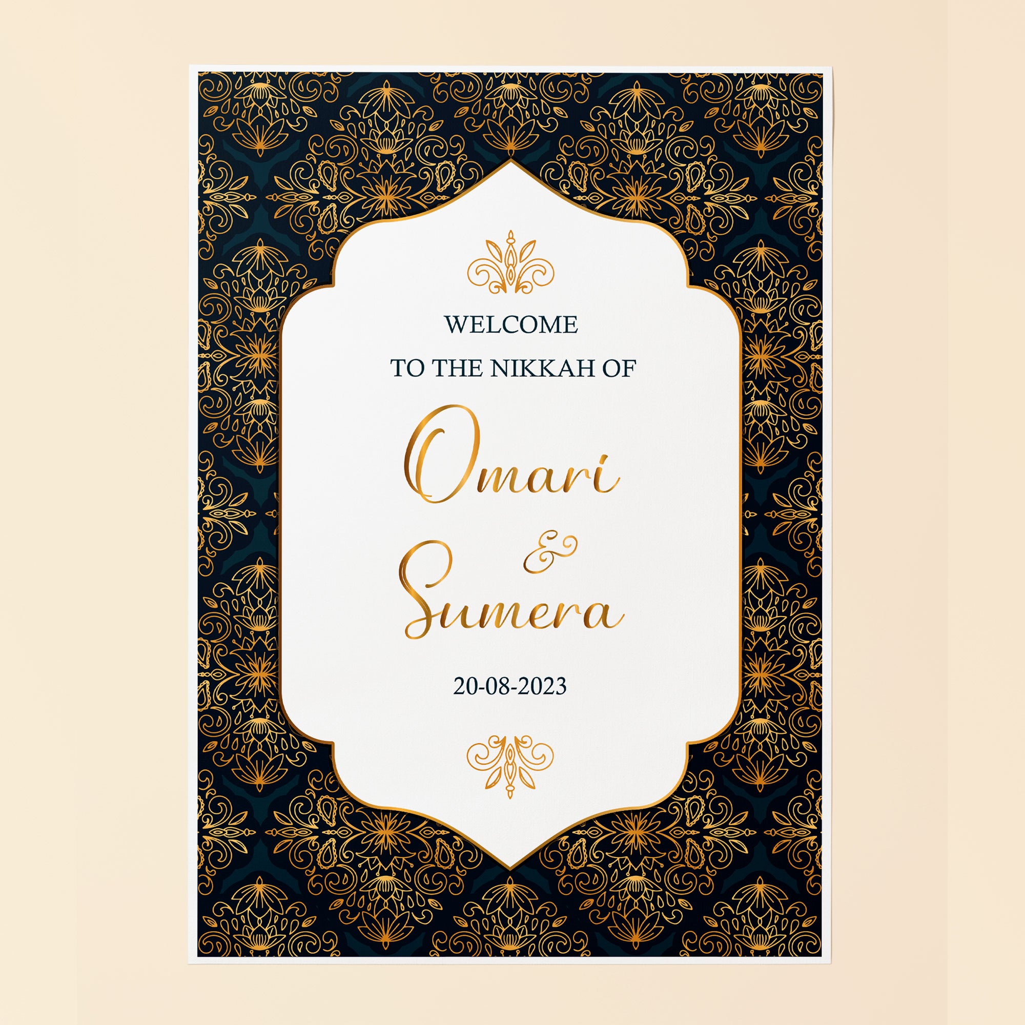 Simplest Navy and Gold Damask Nikkah Welcome Sign