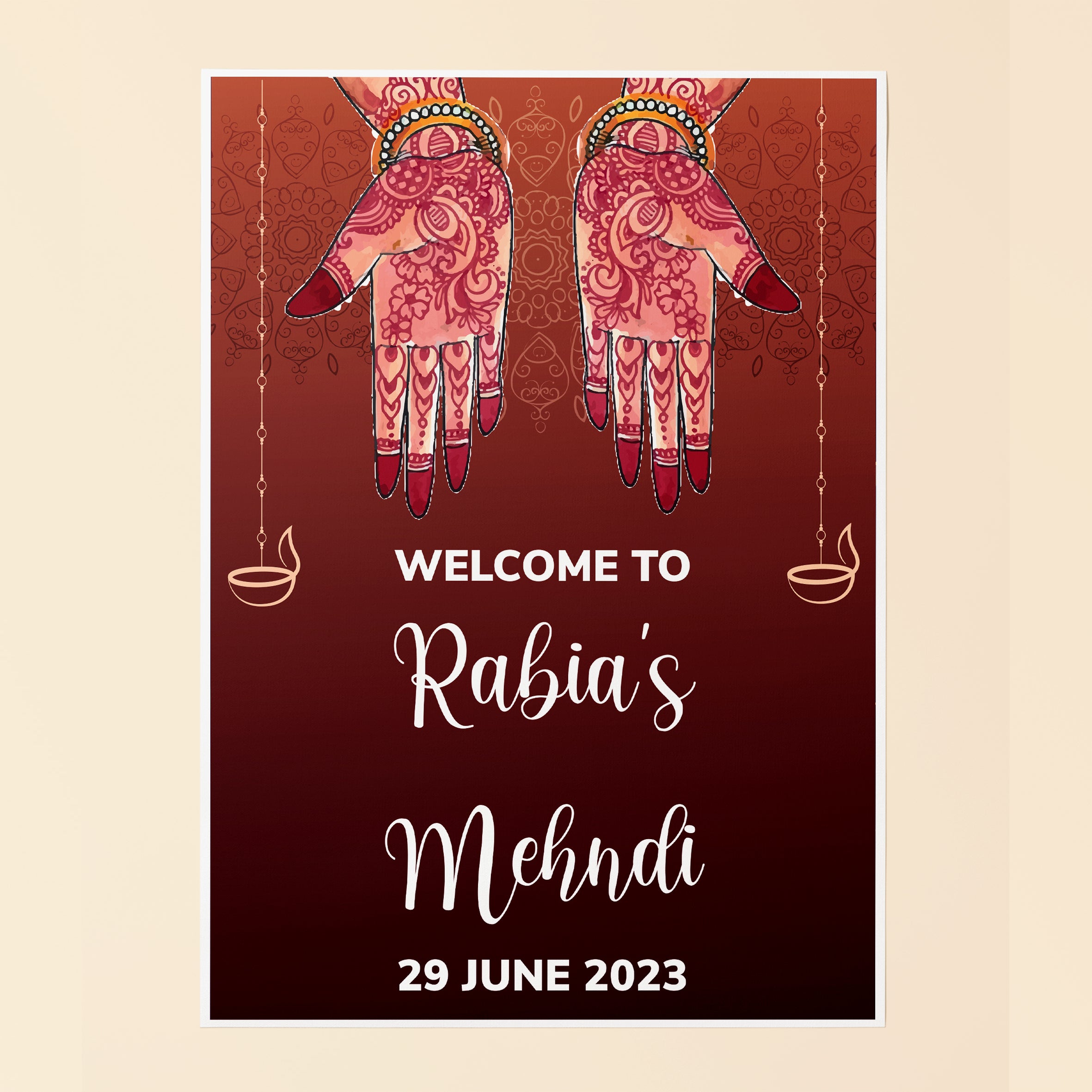 Red Mehndi Hand Welcome Sign
