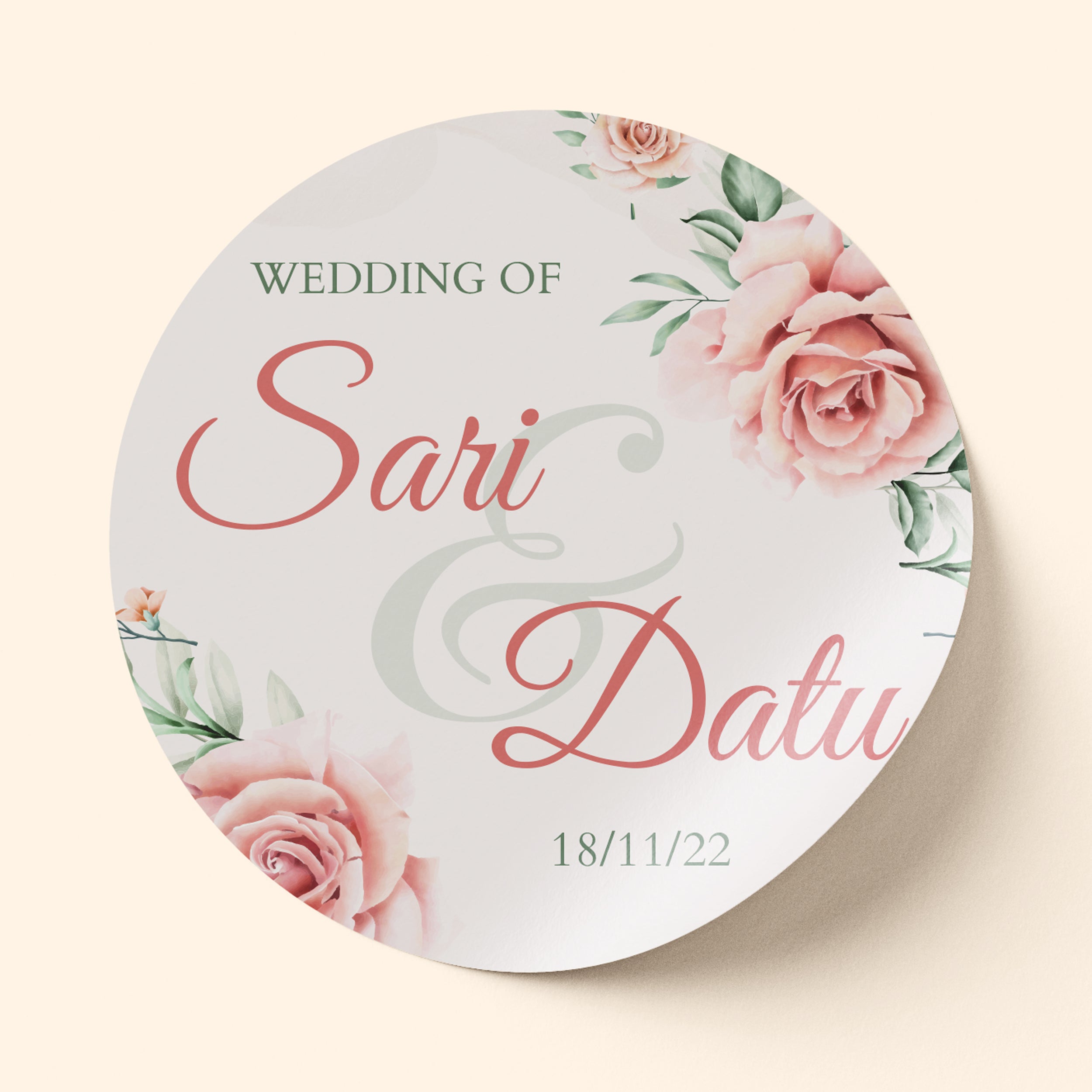 Floral Pink Rose and Green Wedding Sticker